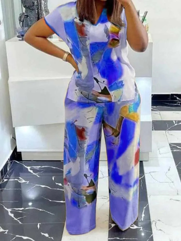 2 Piece Set Outfit Fashion Print Top and Trousers Female Clothing Summer Suit Pants for Ladies Casual Plus Size Clothes 250516Z