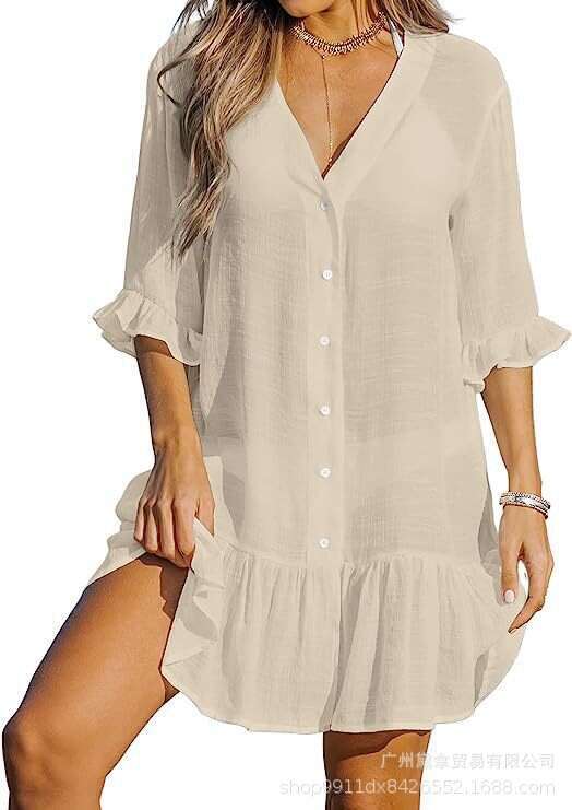 Maxi Dress Summer V Neck Ruffle Dress Solid Beach Sun Protection Cover Up For Women Long Dress
