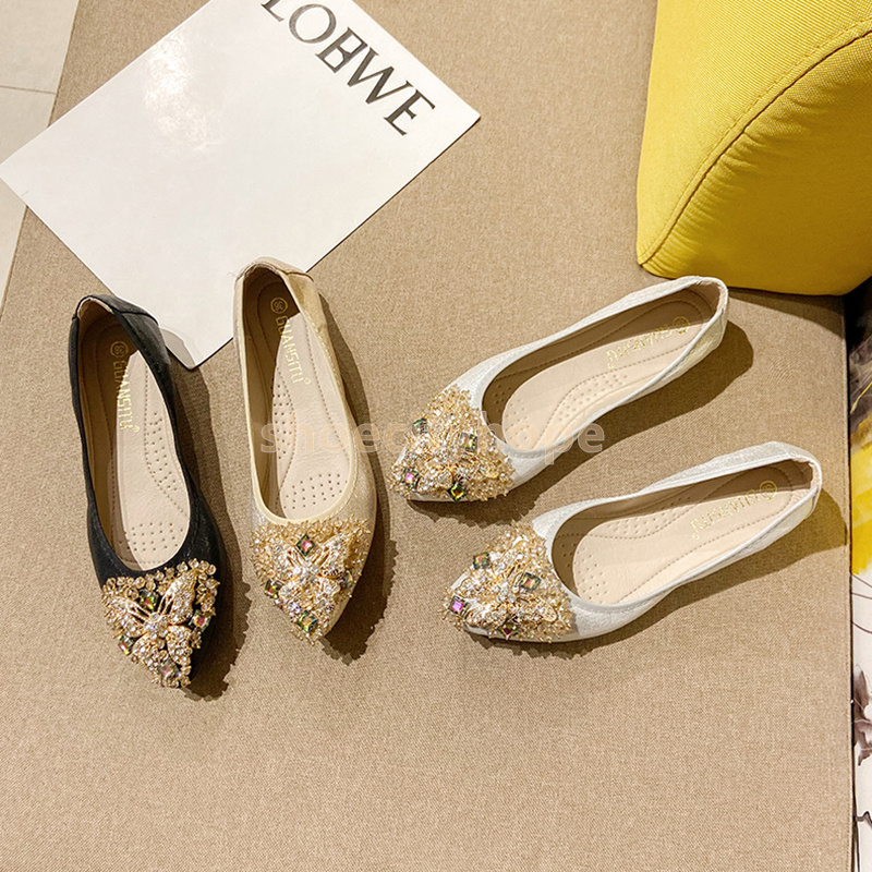 2025 designer ballet flats heels glisten loafers rhinestone beaded butterfly design pointed toe shoes summer comfort daily fashion luxury women single