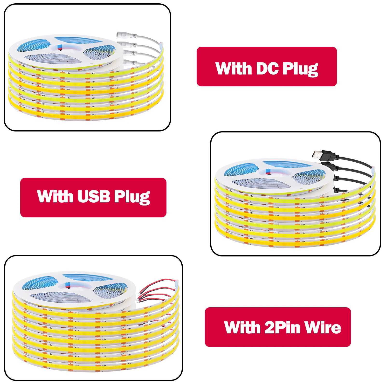 DC5V USB COB LED Strip Light White/Pink/Red/Yellow/Ice Blue/Green 8MM 320LEDs/M Flexible Night Light for Home Decor TV Backlight W250526