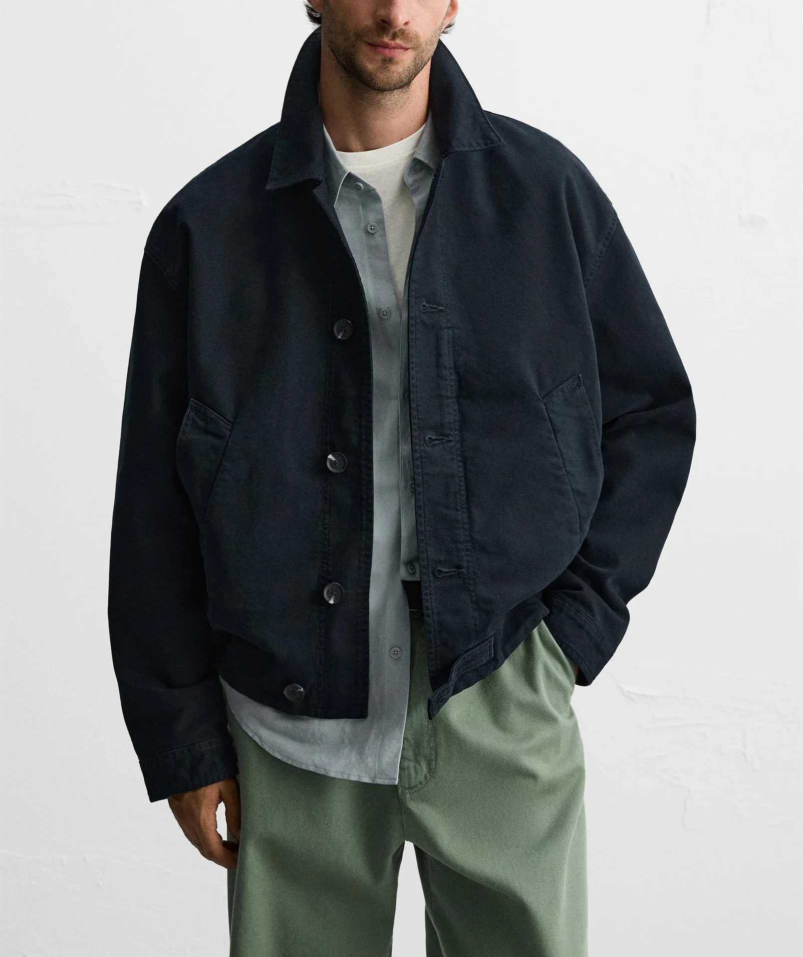 Mens Cotton Canvas Textured Lapel Long Sleeve Jacket Men W250524