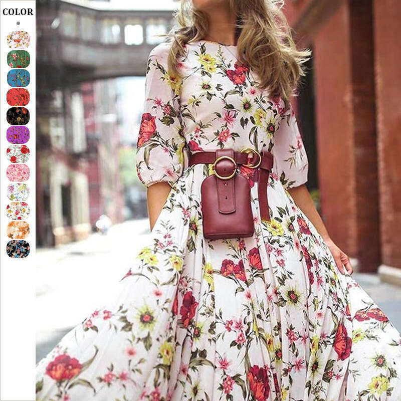 Maxi Dress Spring Autumn New With Digital Printing And Dazzling Style Fragmented Flower Slimming Long Dress Floral Dress