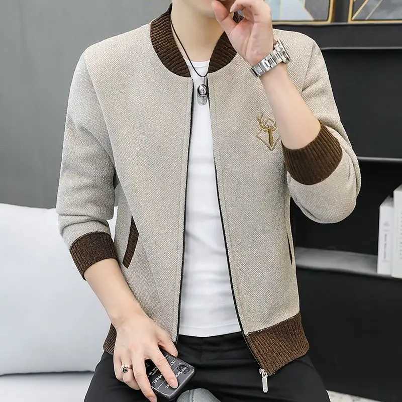 Chic Traveling Autumn Winter Men Cardigans Coats Anti-Pilling Knitted Patchwork Cootrast Color Embroidered Casual Zipper Jackets W250524