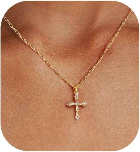 Women's double 14K gold-plated exquisite fashionable small cross pendant simple and cute necklace, gold jewelry