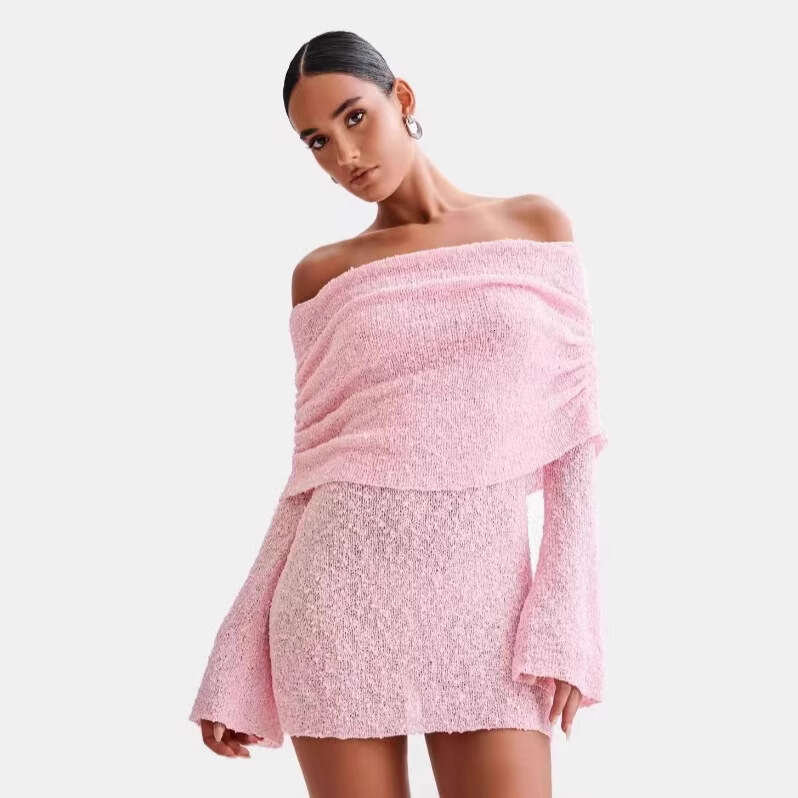 Maxi Dress New Knitted Short Beach Skirt Women S Sexy Perspective Long Sleeve One Shoulder Dress Long Dress