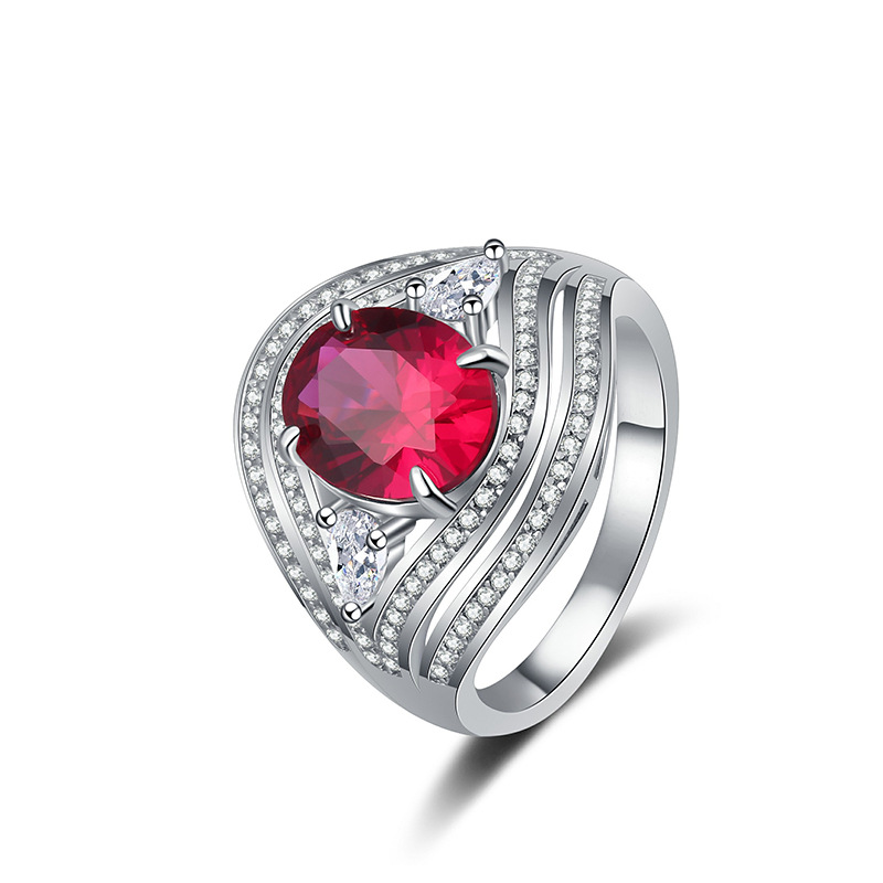 S925 Sterling Silver High-Carbon Diamond Red, Aquamarine, Pink, Green Oval Gemstone Women's Luxury High-End Fashion Ring