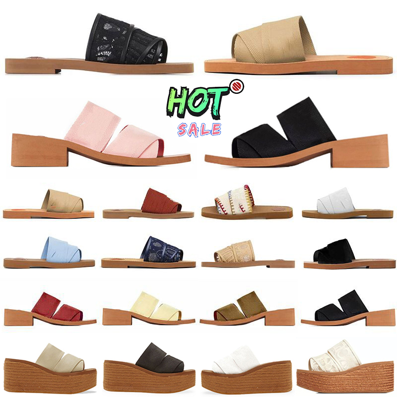 Top quality Designer Summer Woody sandals for women Mules Heel Kitten slides beige white black pink lace Lettering canvas slippers Flip flops womens luxury Scuffs