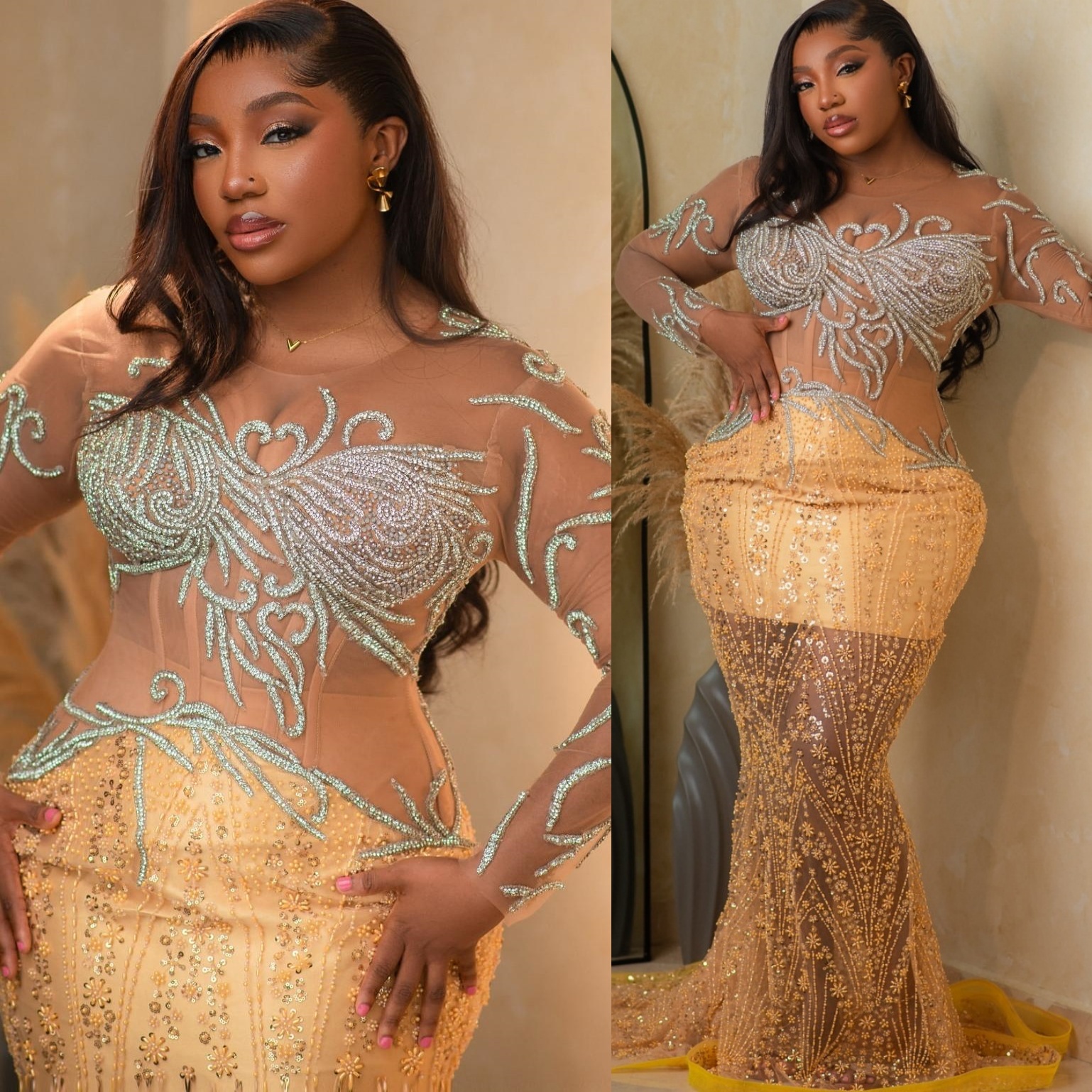 Gold Mermaid Prom Dresses 2025 Illusion Beaded Lace Sequined Evening Formal Party Second Birthday Engagement Gowns Plus Size Dress For Special Occasio