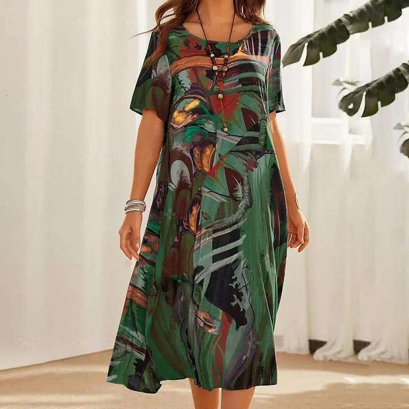 Maxi Dress Fashion Casual Print Summer Short Sleeve Tunneled Round Neck Loose Beach Dress Long Dress