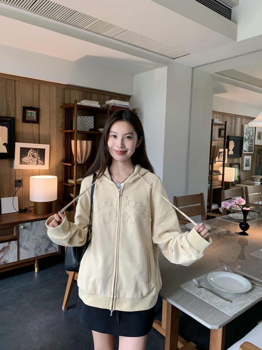 La8808 Sports simple letter patch embroidery hooded zipper loose cardigan sweatshirt