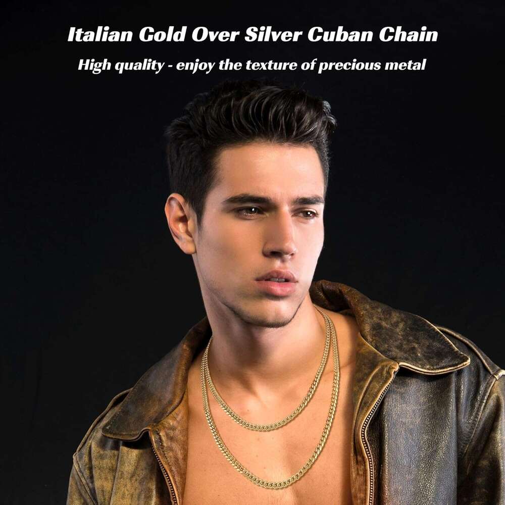 Italian solid 14k gold over sterling sier necklace for men and women, 3.5mm, 4mm, 5mm necklace, world craftsmanship Cuban chain, men's chain 16 1