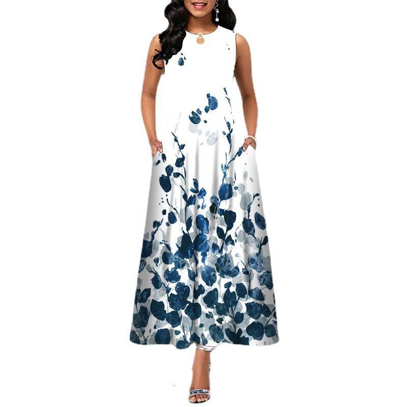 Maxi Dress V Neck Printed Sleeveless Long Dress Casual Beach Large Swing Skirt Long Dress