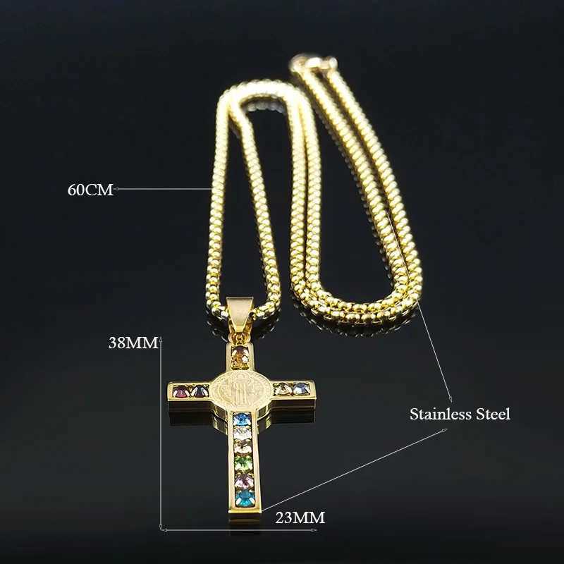 Catholic Jesus Cross Stainl Steel Necklace Saint Benedict Crystal Virgin Mary Pendant Crucifix Male Necklaces Jewelry cruz XJ250524