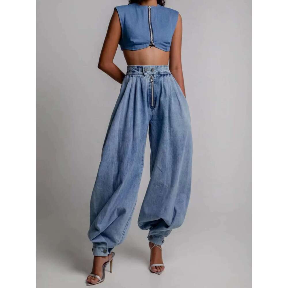 Women Pant High Waisted Zipper Denim Bloomers Pants Loose Vintage Streetwear Casual Harem Jeans Trousers