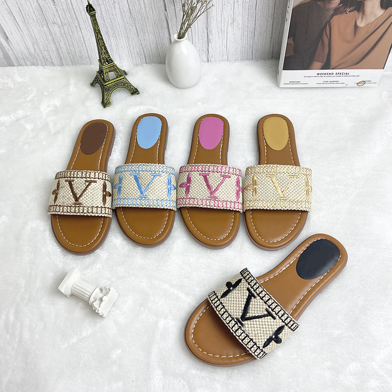 Womens Sandals Slippers Embroidery Designers Slides Sandal Floral Brocade Flip Flops Striped Beach Leather Rubber Flower Slipper Loafers Free shipping
