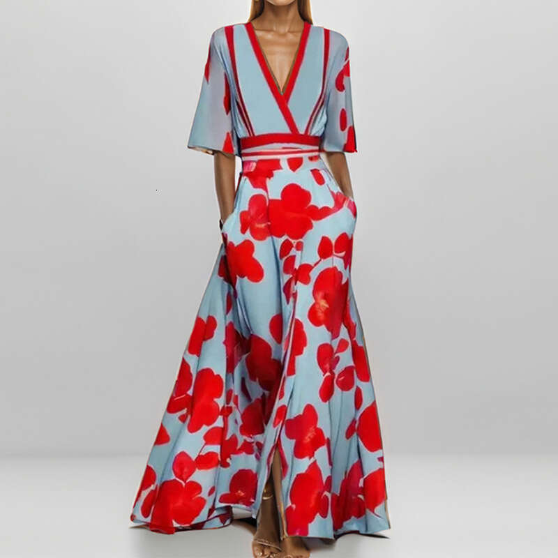 Maxi Dress New Women S Fashion Elegant Temperament V Neck Printed Pleated Skirt Long Dress Floral Dress