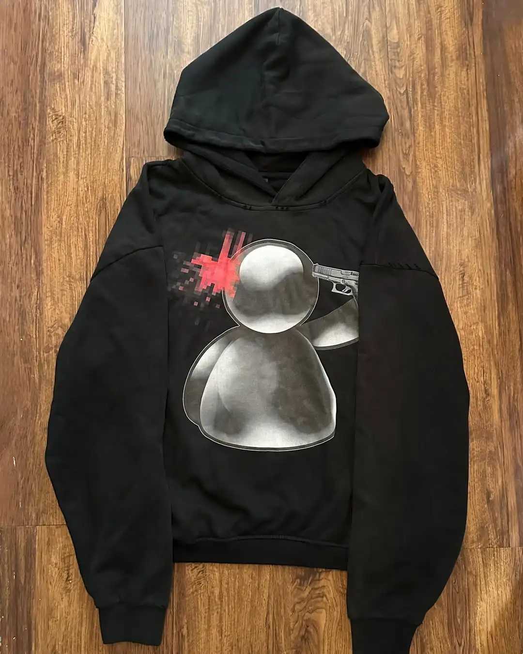 Retro Harajuku Black White Pixel Old Painting Style Faithful Figure Avatar Print Gothic Pattern Y2K Hoodie Men Loose Sports Top W250524