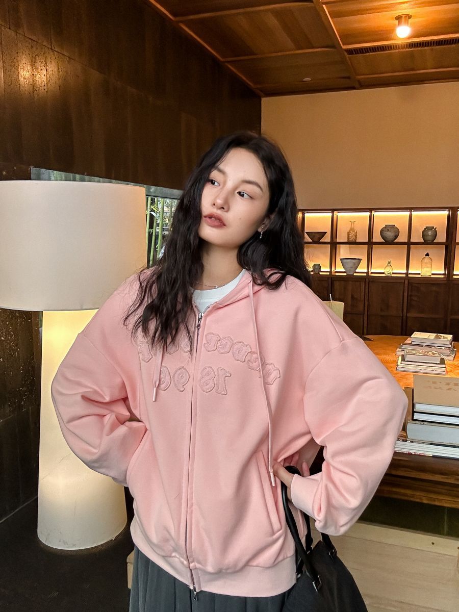 La8808 Sports simple letter patch embroidery hooded zipper loose cardigan sweatshirt
