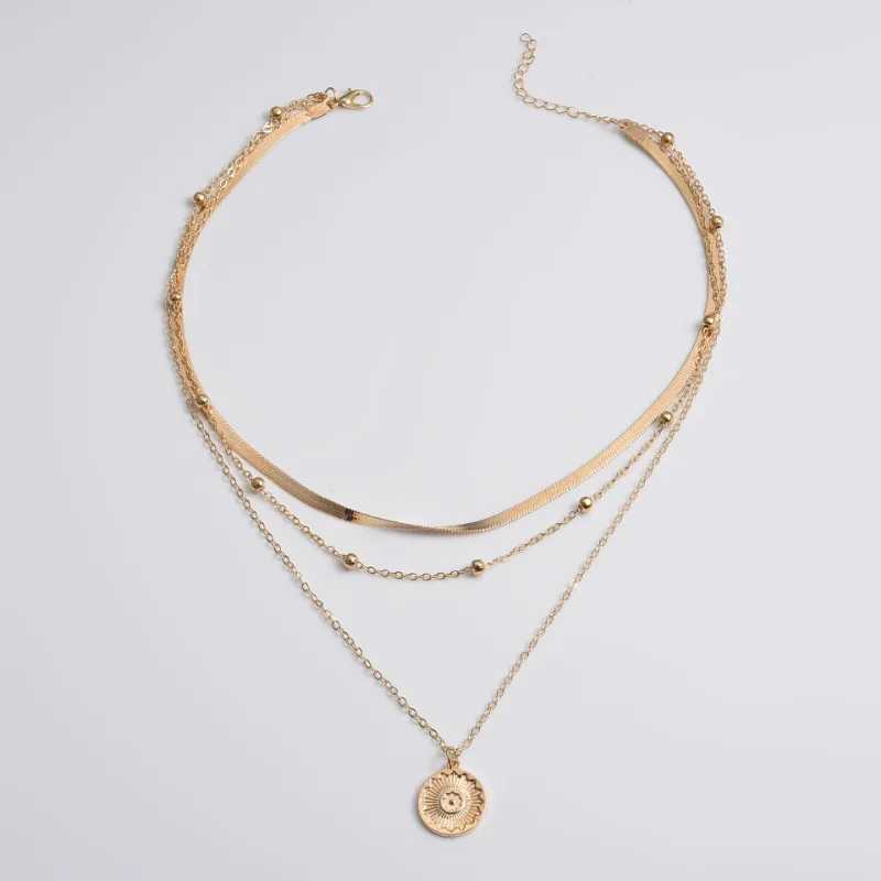 Fashion Flat Snake Chain With Three Layer Coin Disc Pendant Necklace For Women Three-Layer Necklace Boho Jewelry Accories XJ250524