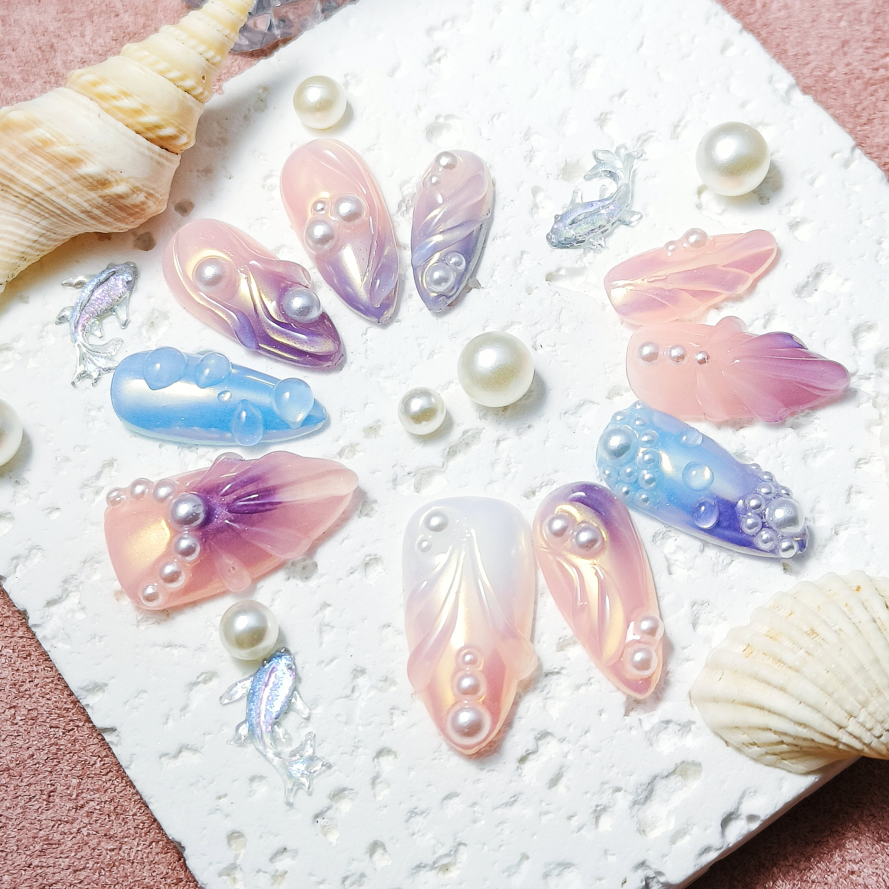 10pcs Mermaid Handmade Press-on nails Medium Almond Nails 3D Hand drawn Fake nails Bundle Sweet Finished nail stickers Free storage box jelly glue and