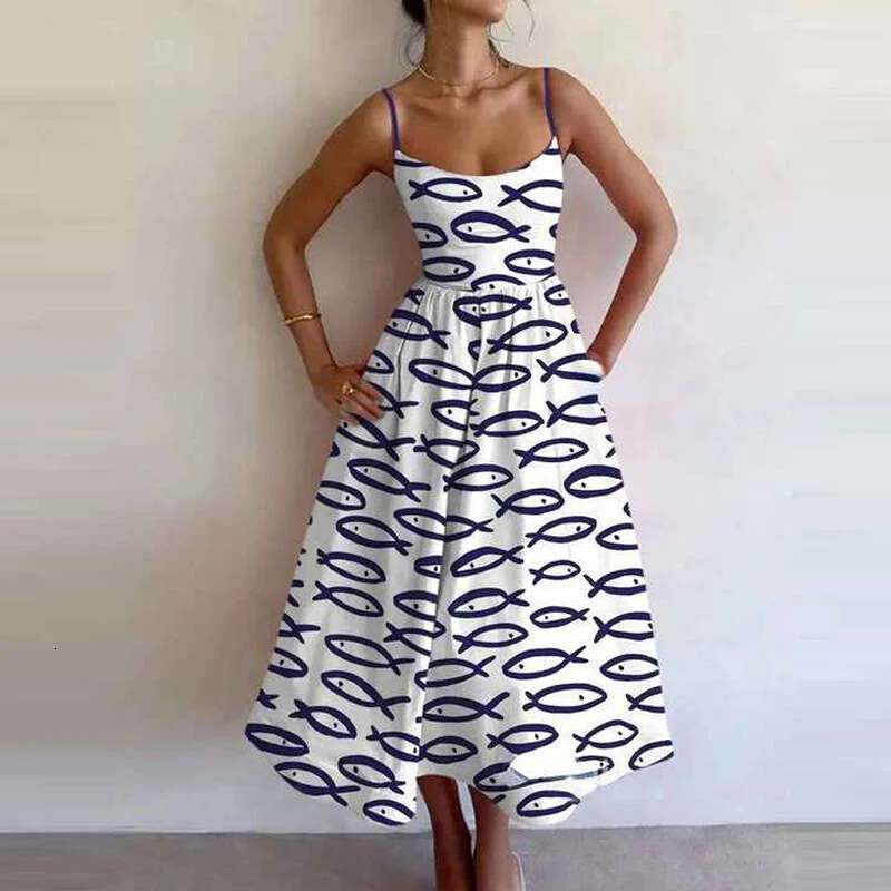 Maxi Dress Spring New Women S Style Printed Folded Waist Strap Dress Floral Dress