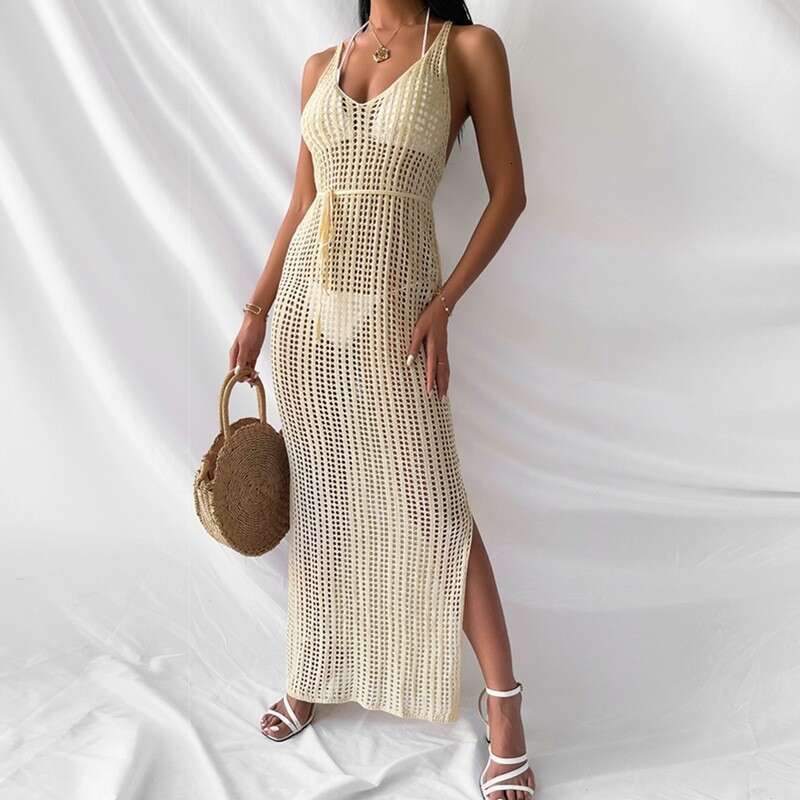Maxi Dress New Sweater Beach Casual Solid Color Sling Knitted Cover With Dress For Women Long Dress