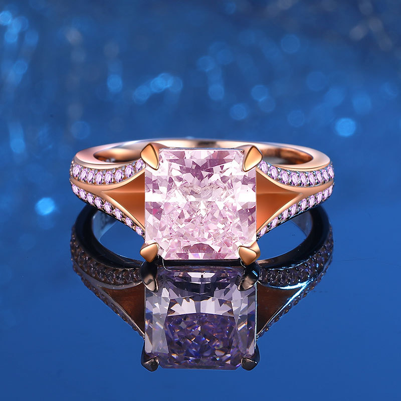 925 Sterling Silver Princess Cut Ice Flower Pink Diamond Ring with High Carbon Stones for Luxury Engagement and Wedding Jewelry