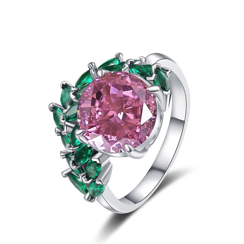 S925 sterling silver ice flower cut ring with pink and green marquise stones, full diamonds, trendy fashion ring for women