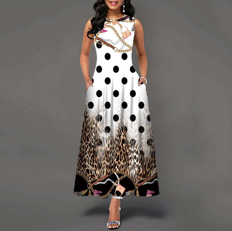 Maxi Dress V Neck Printed Sleeveless Long Dress Casual Beach Large Swing Skirt Long Dress