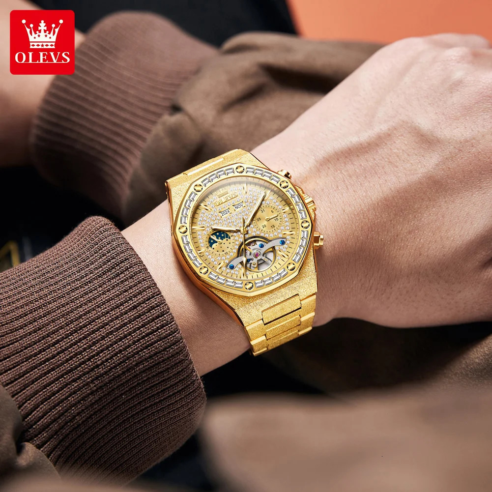 OLEVS 9805 High end Men Watches Waterproof Moon Phase Diamond Dial Fashion Mechanical Watch Skeleton Original Wristwatch 250603