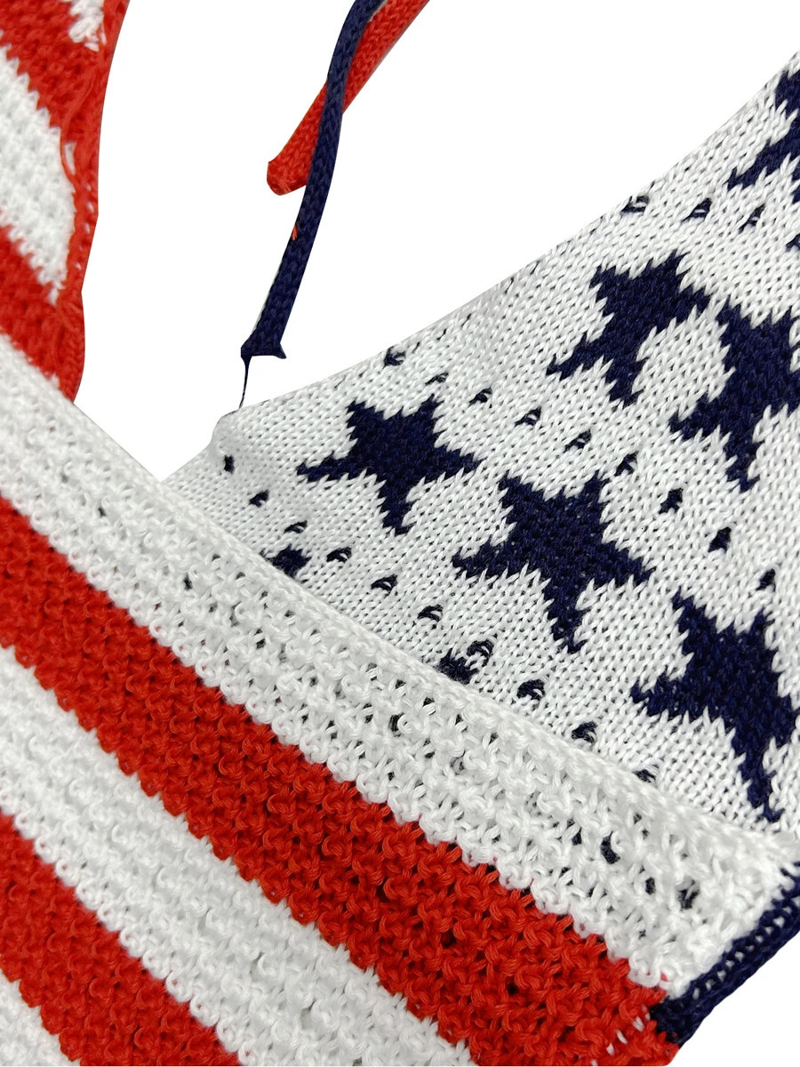 Women's Halter Crop Cami Tops Sleeveless Stars and Stripes Print Knit Camisole Fourth of July Shirts 250519CJ