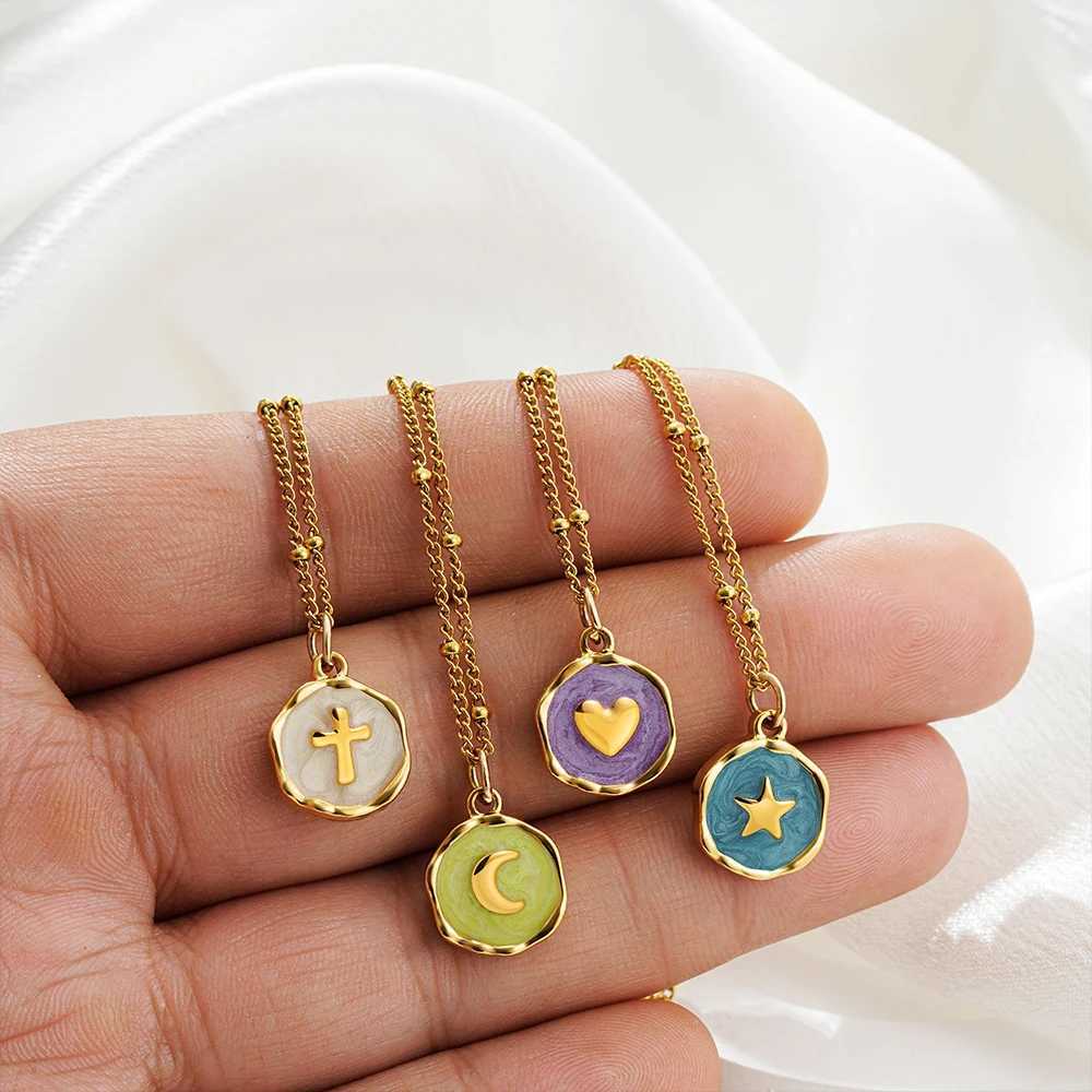 Punk Geometric Irregular Enamel Colorful Natural Stone Pendant Necklace for Women Stainl Steel Cross Heart Opal Choker GiftsXJ250524