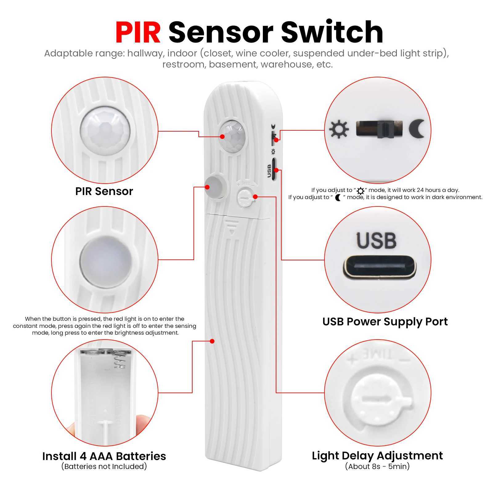 8MM COB Led Strip 5V with Motion Sensor Battery Powered 320LEDs/M USB Induction Night Light Warm White Red Ice Blue Green Yellow W250524