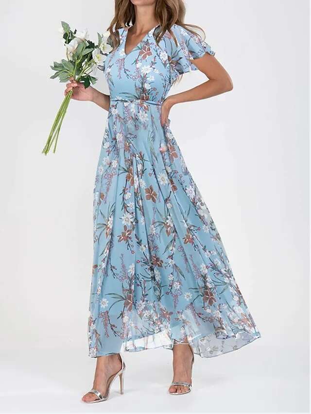 Maxi Dress New Beach Flare Long Skirt Chiffon Fragmented Flower Short Sleeve Ruffle Edge V Neck Fashion Waist Closing Dress Long Dress