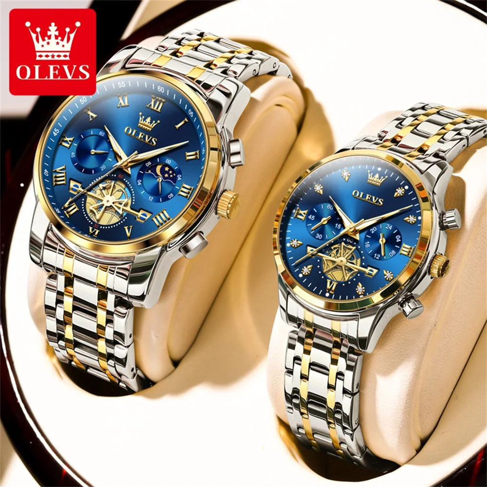 OLEVS Couple Watches Waterproof Luminous Stainless Steel Quartz Watch His and Hers Moon Phase Fashion Lovers Set 250603