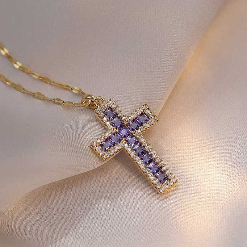 Luxury Purple White Zircon Big Cross Pendant Clavicle Necklaces For Women Stainl Steel Chains Choker Birtay Jewelry Gifts XJ250524