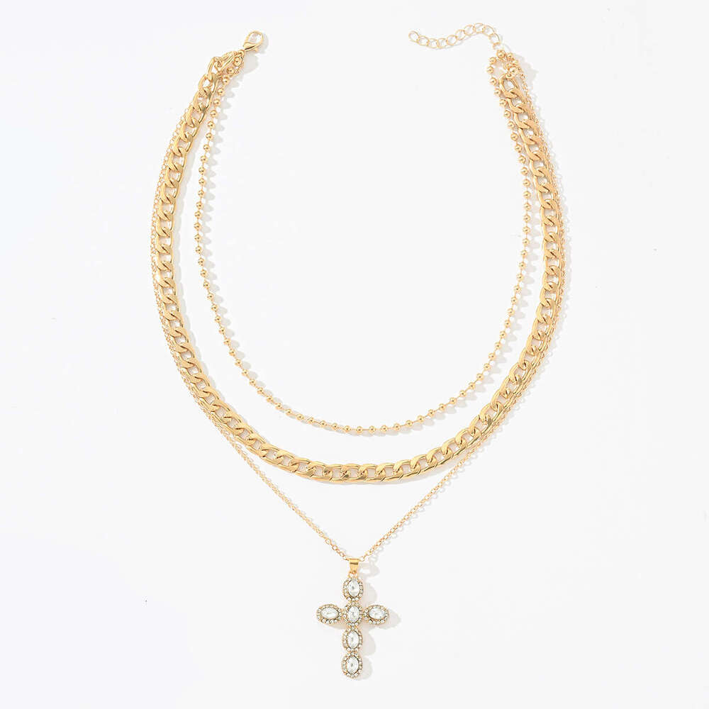 Multi Layer Crystal Studded Cross Pendant Necklace High Women Fashion Chain