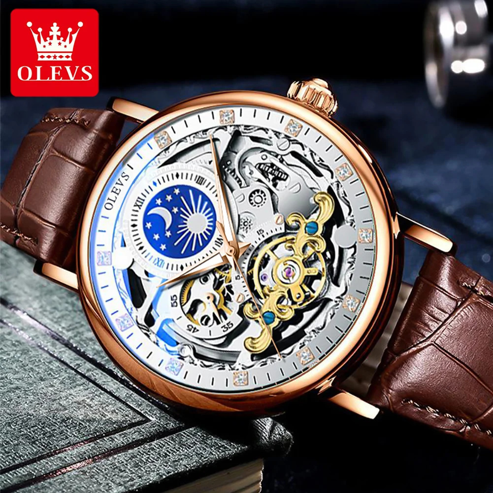 OLEVS Skeleton Watches Mechanical Automatic Watch Men Sport Clock Casual Business Moon Wrist Watch Relojes Hombre 250603