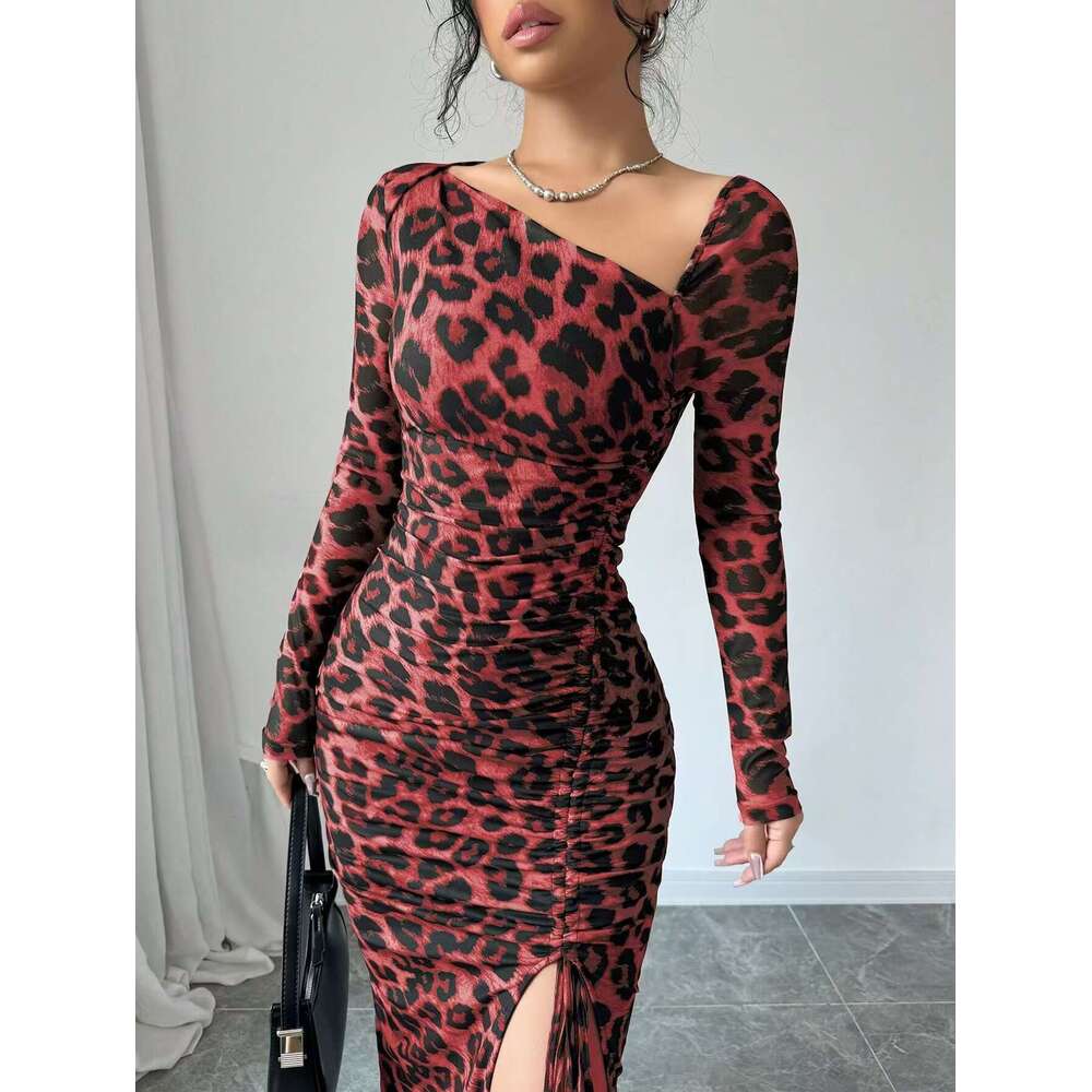 Maxi Dress New Women S Round Neck Long Sleeved Sexy Leopard Print High Waist Temperament Spicy Girl Dress Floral Dress