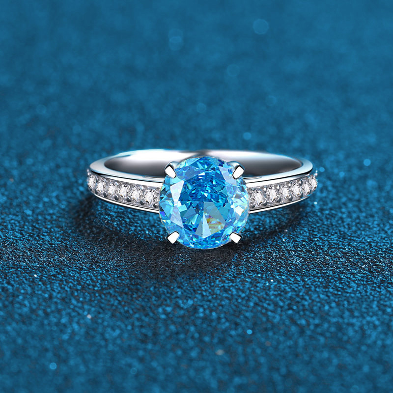 925 Sterling Silver Heart-Shaped Pink Diamond Ring with Blue and White Diamonds, Full Diamond Design, Elegant Engagement Ring for Women