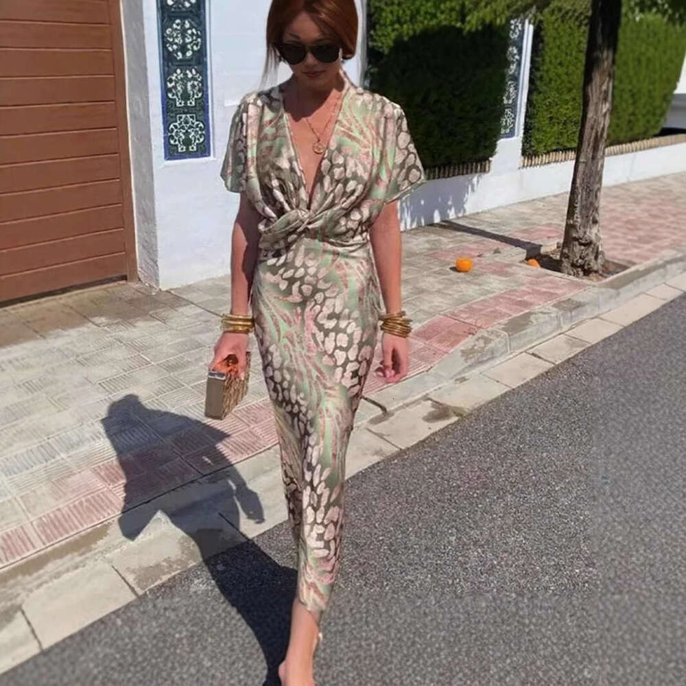 Maxi Dress Autumn New Women S Clothing Temperament Printed Sexy V Neck Cinched Waist Twisted Short Sleeved Dress For Women Floral Dress