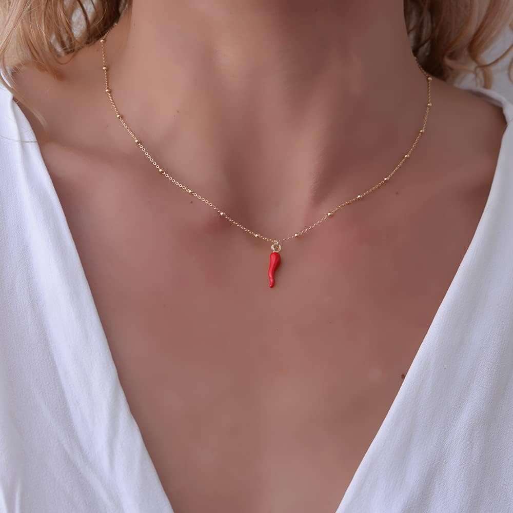 FRONAY Italian Red Horn Necklace -14k Gold and Sier Plated Cornicello Good Luck Pendant
