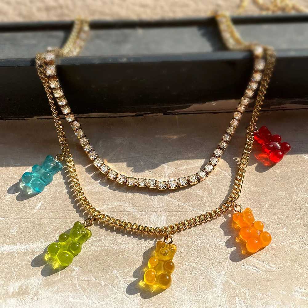 Punk Colorful Gummy Bear Pendant Metal Crystal Choker Necklace for Women Multi-layer Cute Bear Tennis Clavicle Chain New Jewelry XJ250524