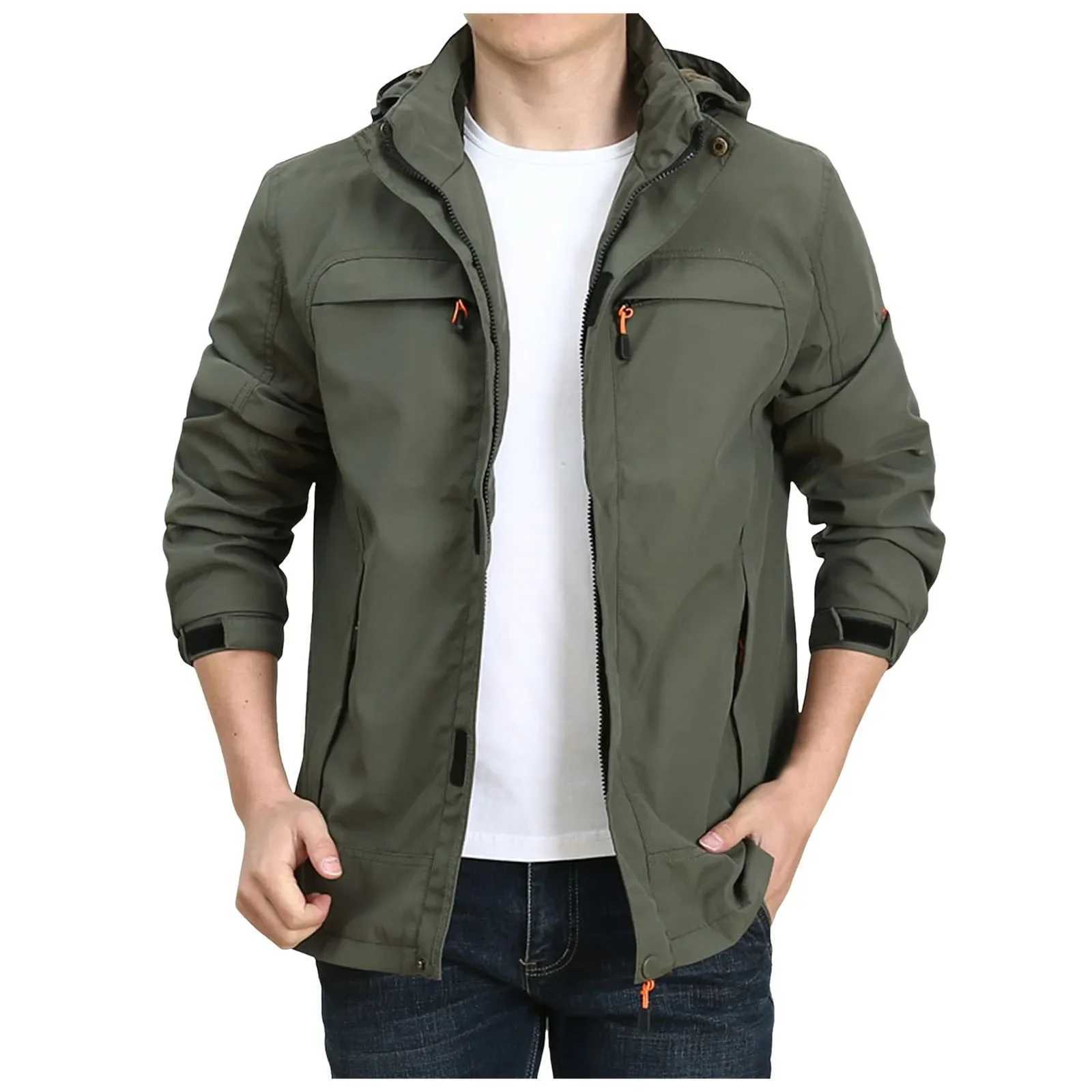 Mens Medium Long Cotton Jacket Leisure Pocket Washed Cotton Tooling Cotton Jacket Outdoor Windproof Solid Color Simple Jacket W250524