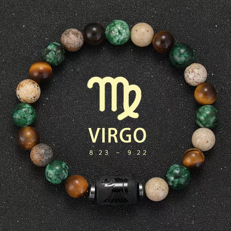 Zodiac Tiger Eye & Agate Picture Jasper Gemstone Bead Bracelets for All Astrological Signs