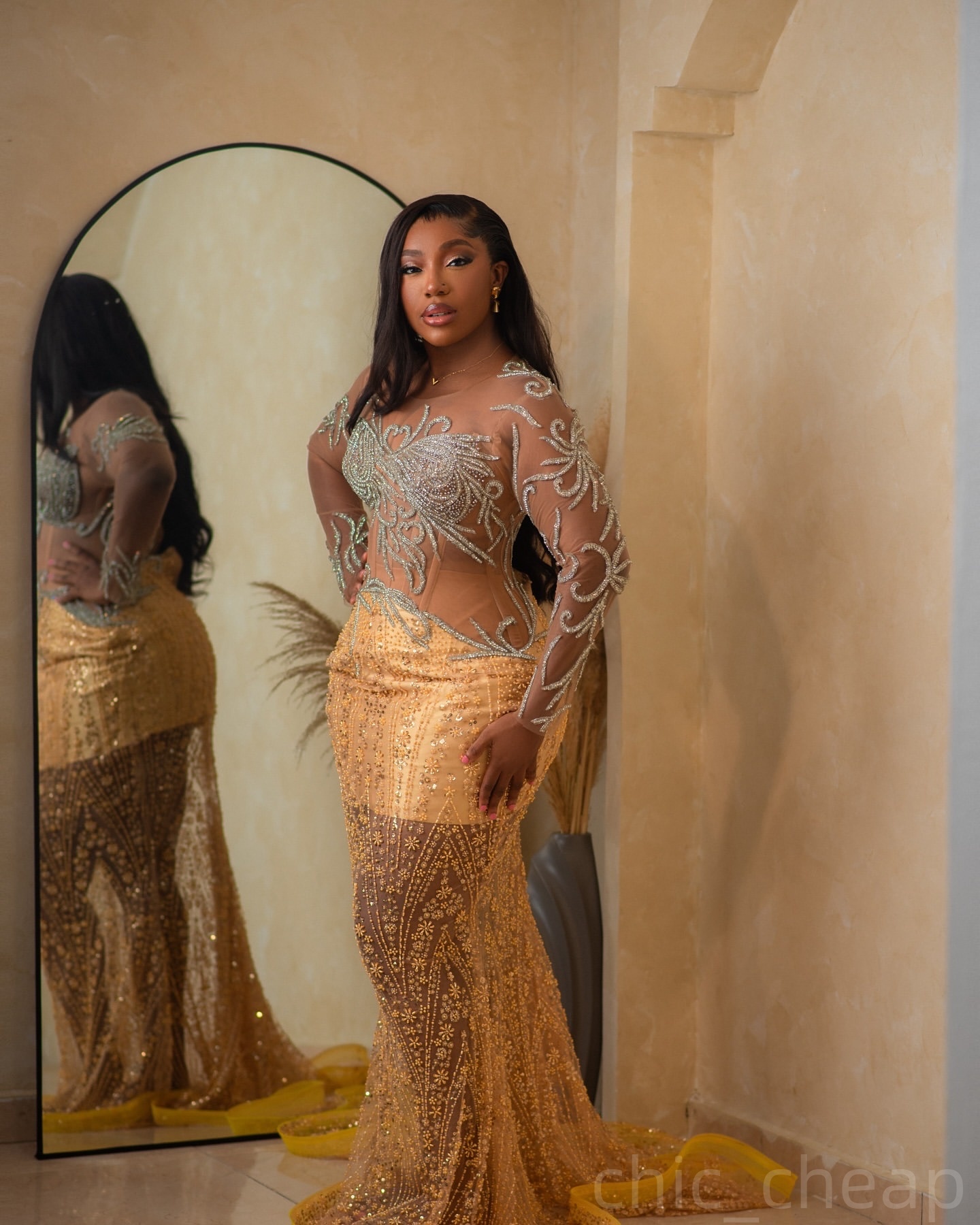 Gold Mermaid Prom Dresses 2025 Illusion Beaded Lace Sequined Evening Formal Party Second Birthday Engagement Gowns Plus Size Dress For Special Occasio