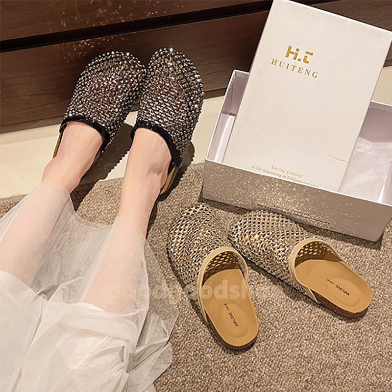 designer sandals rhinestone fishing net slippers black gold glisten rhinestone beaded sandal comfort platform clogs women shoes summer daily walk sand