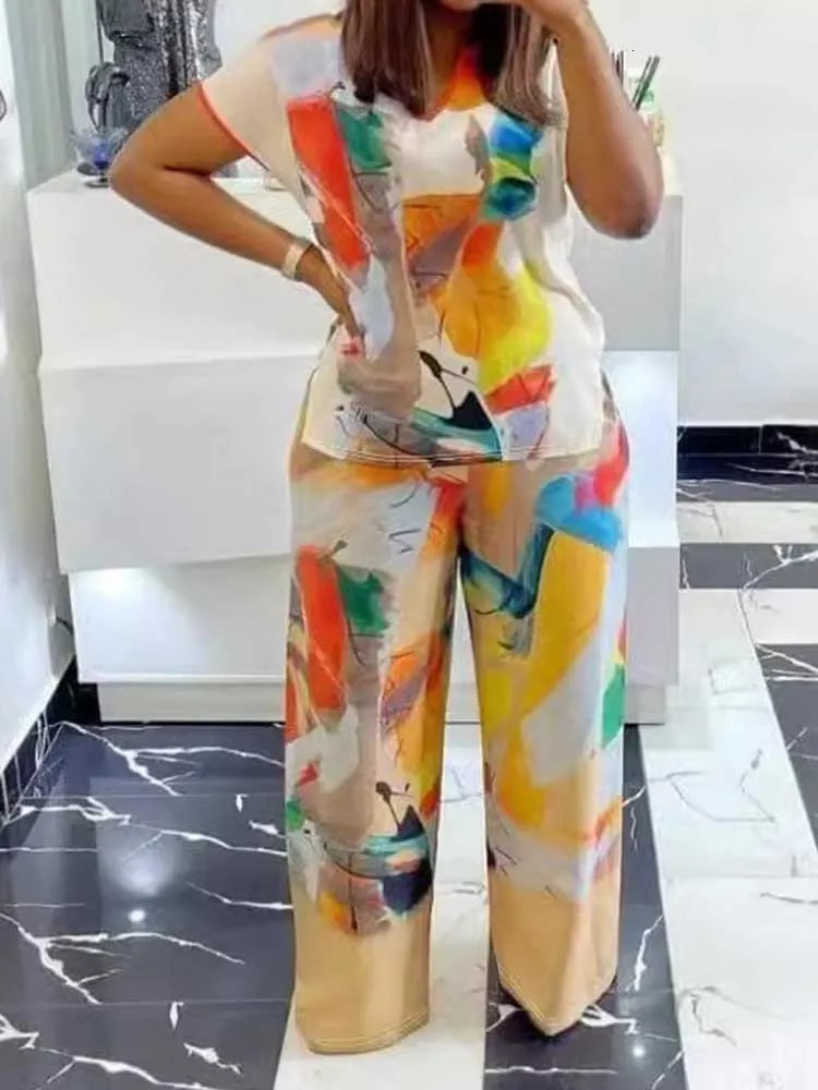 2 Piece Set Outfit Fashion Print Top and Trousers Female Clothing Summer Suit Pants for Ladies Casual Plus Size Clothes 250516Z