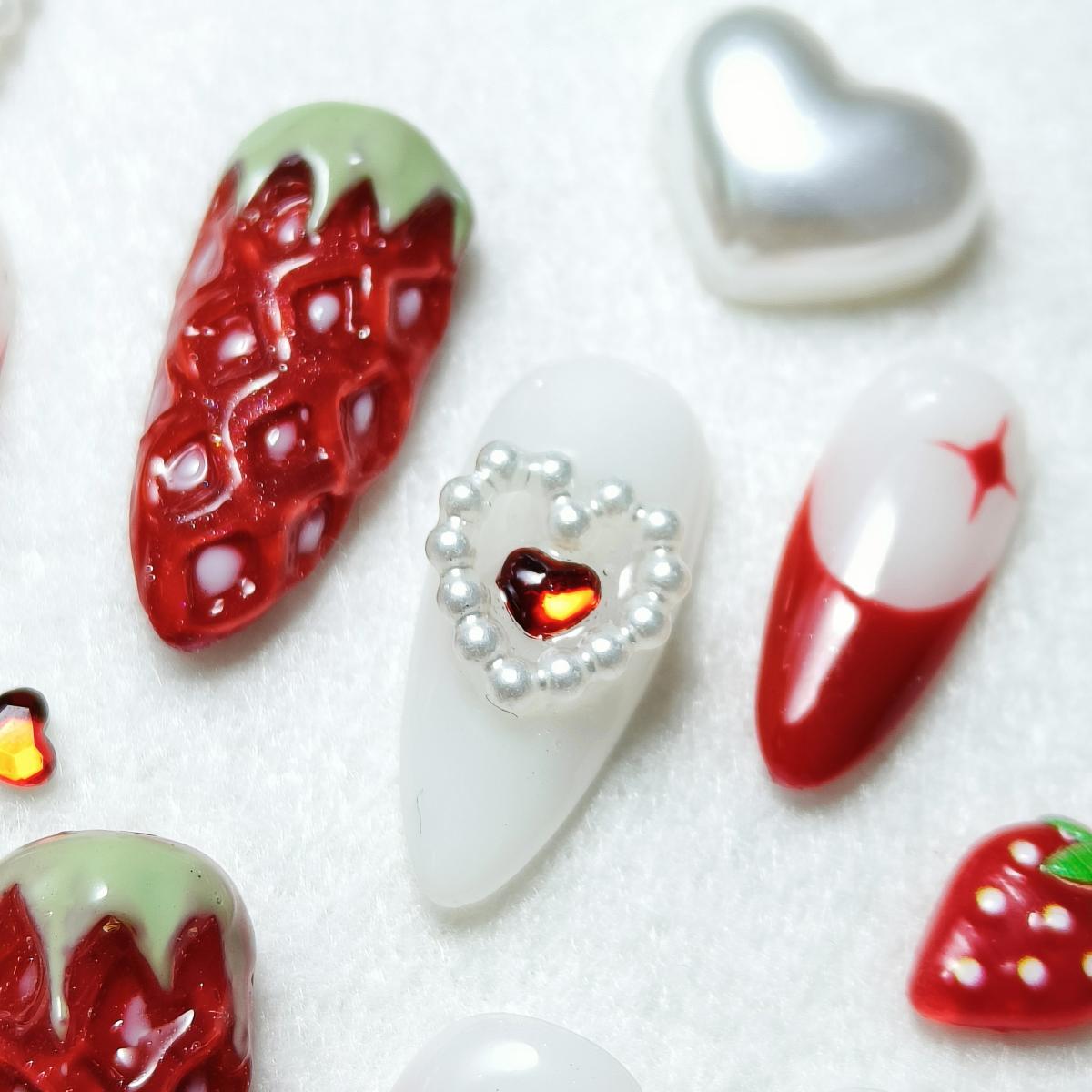 10pcs FrenchTips Handmade Press-on nail Medium Almond Nails Bundle Hand drawn 3D Love Strawberry Sweet Fake nails Finished nail stickers