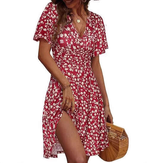 Maxi Dress Women S Strap Skirt Summer Flower Short Sleeve Package V Neck A Line Medium Length Dress Printed Floral Dress